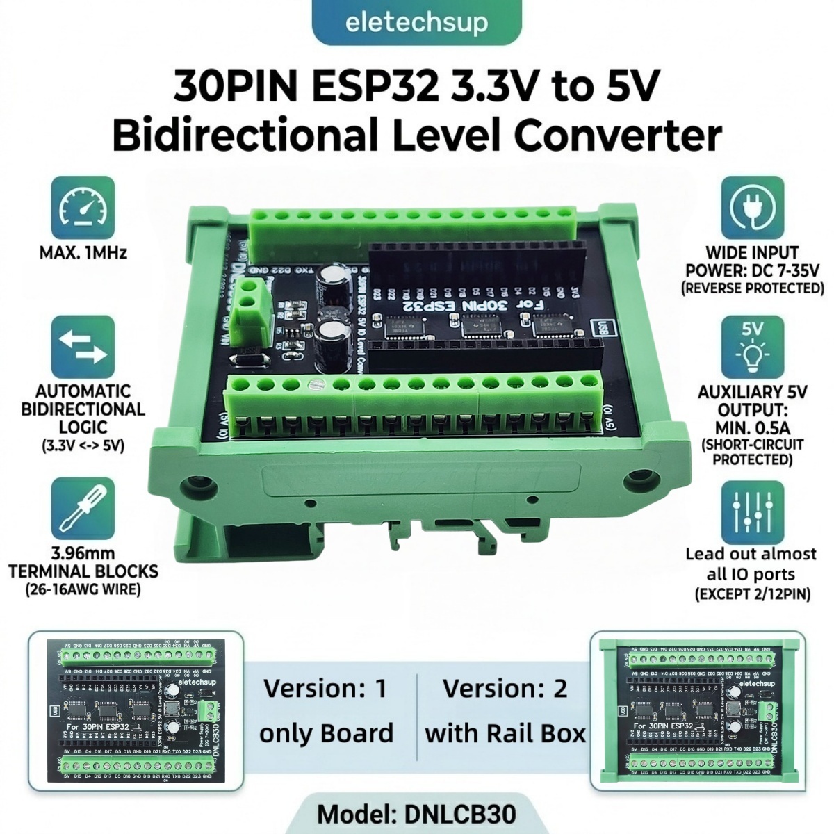 Level Shifter 3.3V - Адаптер для DIN-рейки ESP32 30P, двунаправленный